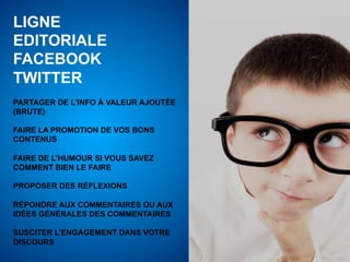 LIGNE
EDITORIALE
FACEBOOK
TWITTER
PARTAGER DE L’INFO À VALEUR AJOUTÉE
(BRUTE)

FAIRE LA PROMOTION DE VOS BONS
CONTENUS

FAIRE DE L’HUMOUR SI VOUS SAVEZ
COMMENT BIEN LE FAIRE

PROPOSER DES RÉFLEXIONS

RÉPONDRE AUX COMMENTAIRES OU AUX
IDÉES GÉNÉRALES DES COMMENTAIRES

SUSCITER L’ENGAGEMENT DANS VOTRE
DISCOURS
 