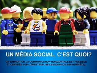 UN MÉDIA SOCIAL, C’EST QUOI?
UN ENDROIT OÙ LA COMMUNICATION HORIZONTALE EST POSSIBLE
 ET CENTRÉE SUR L’ÉMETTEUR (SES BESOINS OU SES INTÉRÊTS).
 
