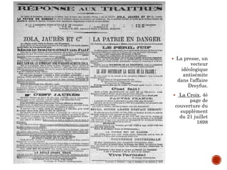  La presse, un
vecteur
idéologique
antisémite
dans l'affaire
Dreyfus.
 La Croix, 4è
page de
couverture du
supplément
du 21 juillet
1898
 