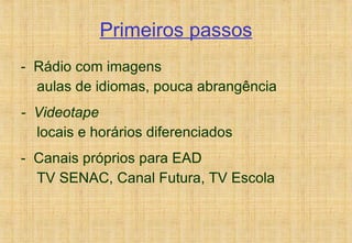 Primeiros passos -  Rádio com imagens aulas de idiomas, pouca abrangência -  Videotape locais e horários diferenciados -  Canais próprios para EAD TV SENAC, Canal Futura, TV Escola 