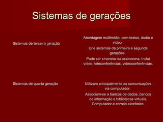 Sistemas de gerações
                               Abordagem multimídia, com textos, áudio e
Sistemas de terceira geração                   vídeo.
                                  Une sistemas da primeira e segunda
                                              gerações.
                                 Pode ser síncrona ou assíncrona. Inclui
                               vídeo, teleconferências, videoconferências.




Sistemas de quarta geração     Utilizam principalmente as comunicações
                                            via computador.
                                Associam-se a bancos de dados, bancos
                                  de informação e bibliotecas virtuais.
                                   Computador e correio eletrônico.
 