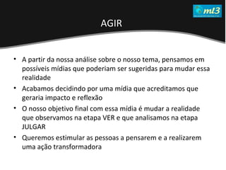 A Pseudo Liberdade Sexual da Mulher   Um estudo sobre diferença de gêneros Mídias Locais Data: 20/06/2011 Grupo: PB11 Prof.: Sergio Bonato A partir da nossa análise sobre o nosso tema, pensamos em possíveis mídias que poderiam ser sugeridas para mudar essa realidade Acabamos decidindo por uma mídia que acreditamos que geraria impacto e reflexão  O nosso objetivo final com essa mídia é mudar a realidade que observamos na etapa VER e que analisamos na etapa JULGAR Queremos estimular as pessoas a pensarem e a realizarem uma ação transformadora AGIR   