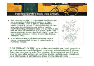 Potencializando a Rede vida simples

 Uma estrutura em rede (...) corresponde também ao que
 seu próprio nome indica: seus integrantes se ligam
 horizontalmente a todos os demais, diretamente ou
 através dos que os cercam. O conjunto resultante é como
 uma malha de múltiplos fios, que pode se espalhar
 indefinidamente para todos os lados, sem que nenhum dos
 seus nós possa ser considerado principal ou central, nem
 representante dos demais. Não há um “chefe”, o que há é
 uma vontade coletiva de realizar determinado objetivo.
 (Withaker, 1998)
  A eficiência da rede se dá pela capilaridade de seus
 atores e sua capacidade de fazer o conhecimento se
 multiplicar na rede.


O QUE ESPERAMOS DA REDE: gerar conhecimento coletivo e relacionamento a
partir de conexões multi-direcionais construídas pelo próprio ator. É ele que
deve estar no centro da ação. Tem um papel de protagonista, constrói seus
próprios conteúdos, define e se conecta a grupos e outros atores sinérgicos e
faz a informação e o conhecimento andar em múltiplas direções.

                                             10
 