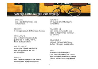 Fazendo parte da rede vida simples

DIVULGUE                                      AGRUPE-SE
Suas áreas de interesse e suas                em grupos] comunidades para
competências.                                 compartilhar


FOMENTE                                       RELACIONE-SE
A interação através de fóruns de discussão     com outras comunidades para
                                              trocar conhecimentos, aumentar
                                              seu network
COMPARTILHE
seus conhecimentos através da
publicação de textos, vídeos,                 COMUNIQUE-SE
fotos, áudios e notícias                      trocando mensagens de texto,
                                              áudio e vídeo com seus contatos
MULTIPLIQUE-SE
copiando e colando o widget de
suas referências no seu site,                 INOVE
portal ou blog                                e use sua criatividade para
                                              criar a sua página Web 2.0. Todos
                                              Seus conteúdos são editados na sua
CONVIDE                                       Página, formando um blog pessoal
seus contatos para participar de suas
Comunidades; agregue sua turma
                                             12
 