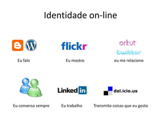 Identidade on-lineEu falo			Eu mostro		eu me relacionoEu converso sempre	Eu trabalho  	Transmito coisas que eu gosto