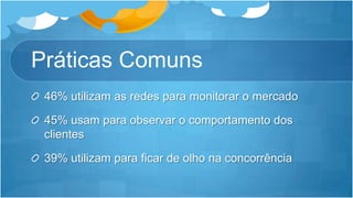 PráticasComuns46% utilizam as redes para monitorar o mercado45% usam para observar o comportamento dos clientes39% utilizam para ficar de olho na concorrência
