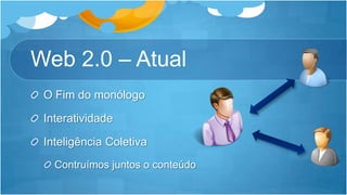 Web 2.0 – AtualO Fim do monólogoInteratividadeInteligênciaColetivaContruímosjuntos o conteúdo