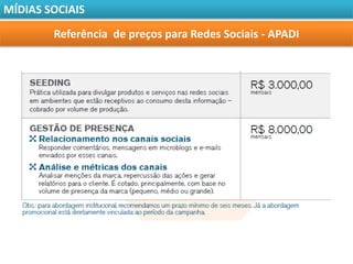 MÍDIAS SOCIAIS

        Referência de preços para Redes Sociais - APADI
 