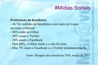 #Mídias Sociais

Preferência do brasileiro:
- 46,762 milhões de brasileiros com mais de 6 anos
acessam a Internet
- 94% estão no Orkut
- 38% usam o Twitter
- 36% usam o Facebook
- Para 80%, o Orkut ainda é o site favorito
- Mas 7% usam o Facebook e o Twitter simultaneamente

          Fonte: Pesquisa da consultoria TNS, março de 2011
 