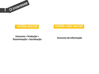1


       mídia social               mídia não social

      Consumo > Produção >
                                   Consumo de informação
    Disseminação > Socialização
 