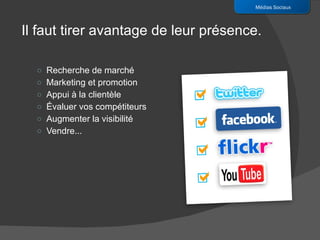 Recherche de marché Marketing et promotion Appui à la clientèle Évaluer vos compétiteurs Augmenter la visibilité Vendre... Médias Sociaux Il faut tirer avantage de leur présence. 