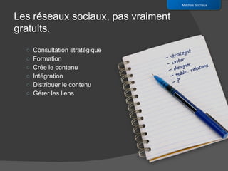 Consultation stratégique Formation Crée le contenu Intégration Distribuer le contenu Gérer les liens Médias Sociaux Les réseaux sociaux, pas vraiment gratuits. 