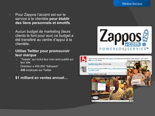 Pour Zappos l’accent est sur le service à la clientèle  pour établir des liens personnels et émotifs .  Aucun budget de marketing (leurs clients le font pour eux) ce budget a été transféré au centre d’appui à la clientèle.  Utilise Twitter pour promouvoir leur marque “ Tweets” qui inclut leur nom sont publié sur leur site Directeur a 400,000 “followers” 430  employés sur Twitter $1 milliard en ventes annuel… Médias Sociaux 