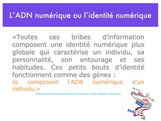 L’ADN numérique ou l’identité numérique «Toutes ces bribes d’information composent une identité numérique plus globale qui caractérise un individu, sa personnalité, son entourage et ses habitudes. Ces petits bouts d’identité fonctionnent comme des gènes :  ils composent l’ADN numérique d’un individu.» http://www.fredcavazza.net/2006/10/22/qu-est-ce-que-l-identite-numerique/ 