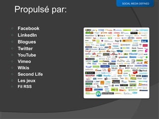 SOCIAL MEDIA DEFINED

    Propulsé par:
o Facebook
o LinkedIn
o Blogues
o Twitter
o YouTube
o Vimeo
o Wikis
o Second Life
o Les jeux
o   Fil RSS
 