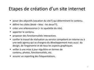Etapes de création d’un site internet

 poser des objectifs (vocation du site?) qui déterminent le contenu.
 définir les cibles (btob – btoc - les deux??).
 créer une arborescence (= le squelette du site).
 apporter le contenu.
 proposer des fonctionnalités interactives.
 confier le travail de réalisation au service compétent en interne ou à
  une web agency qui se chargera du développement mais aussi du
  design, de l’ergonomie et de tous les aspects graphiques.
 veiller à une mise à jour régulière en termes de
  contenu, photos, fonctionnalités, etc.
 assurer un reporting des fréquentations.


                                                                           17
 
