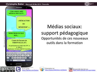 Christophe Batier / Mercredi 20 Mai 2015 / Thionville
Médias sociaux:
support pédagogique
Opportunités de ces nouveaux
out...