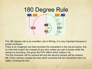 180 Degree Rule
The 180 degree rule is an unwritten rule in filming, it is very important because it
avoids confusion.
The...