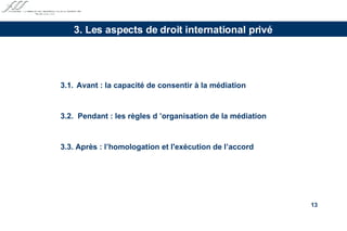3.1. Avant : la capacité de consentir à la médiation  3.2.  Pendant : les règles d ’organisation de la médiation 3.3. Après : l’homologation et l'exécution de l’accord     3. Les aspects de droit international privé 