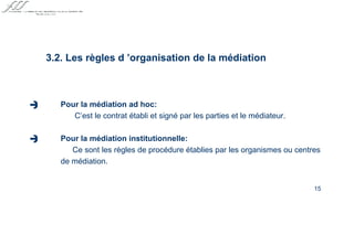 Pour la médiation ad hoc:   C’est le contrat établi et signé par les parties et le médiateur. Pour la médiation institutionnelle: Ce sont les règles de procédure établies par les organismes ou centres de médiation. 3.2. Les règles d ’organisation de la médiation   