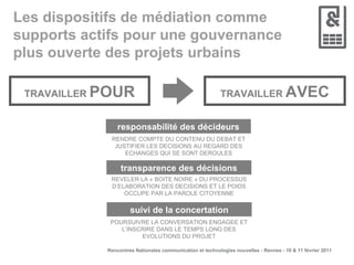 Les dispositifs de médiation comme supports actifs pour une gouvernance plus ouverte des projets urbains TRAVAILLER  POUR TRAVAILLER  AVEC responsabilité des décideurs transparence des décisions suivi de la concertation RENDRE COMPTE DU CONTENU DU DEBAT ET JUSTIFIER LES DECISIONS AU REGARD DES ECHANGES QUI SE SONT DEROULES REVELER LA « BOITE NOIRE » DU PROCESSUS D’ELABORATION DES DECISIONS ET LE POIDS OCCUPE PAR LA PAROLE CITOYENNE POURSUIVRE LA CONVERSATION ENGAGEE ET L’INSCRIRE DANS LE TEMPS LONG DES EVOLUTIONS DU PROJET 