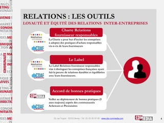 RELATIONS : LES OUTILS
LOYAUTÉ ET ÉQUITÉ DES RELATIONS INTER-ENTREPRISES
Charte Relations
fournisseur responsables
La Charte a pour but d’inciter les entreprises
à adopter des pratiques d’achats responsables
vis-à-vis de leurs fournisseurs

Le Label
Le Label Relations fournisseur responsables
vise à distinguer les entreprises françaises ayant
fait la preuve de relations durables et équilibrées
avec leurs fournisseurs.

Accord de bonnes pratiques
Veiller au déploiement de bonnes pratiques (5
axes majeurs) auprès des communautés
Acheteurs et Prestataires

16, rue Troyon - 92310 Sèvres - Tel : 01-55-95-97-00 - www.obs-commedia.com

4

 