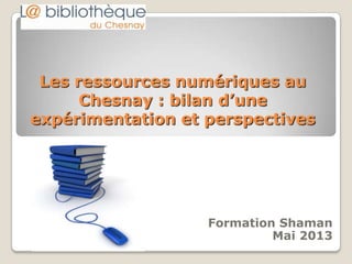 Les ressources numériques au
Chesnay : bilan d’une
expérimentation et perspectives
Formation Shaman
Mai 2013
 