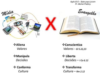 Agito B.O – Bate papo jovem
Pr. Michel Plattiny

Aliena
Valores

Conscientiza
Valores - Gl 5.22,23

Manipula
Decisões

 Liberta
Decisões – I Co 6.12

 Conforma
Cultura

 Transforma
Cultura – Rm 2.12

 