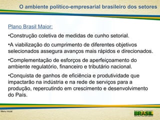 O ambiente político-empresarial brasileiro dos setores

Plano Brasil Maior:
•Construção coletiva de medidas de cunho setorial.
•A viabilização do cumprimento de diferentes objetivos
selecionados assegura avanços mais rápidos e direcionados.
•Complementação de esforços de aperfeiçoamento do
ambiente regulatório, financeiro e tributário nacional.
•Conquista de ganhos de eficiência e produtividade que
impactarão na indústria e na rede de serviços para a
produção, repercutindo em crescimento e desenvolvimento
do País.
Menu inicial

 