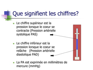 Que signifient les chiffres?
 Le chiffre supérieur est la
pression lorsque le coeur se
contracte (Pression artérielle
systolique PAS)
 Le chiffre inférieur est la
pression lorsque le coeur se
relâche (Pression artérielle
diastolique PAD)
 La PA est exprimée en millimètres de
mercure (mmHg)
 