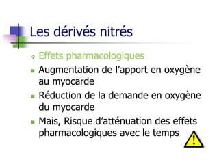 Les dérivés nitrés
 Effets pharmacologiques
 Augmentation de l’apport en oxygène
au myocarde
 Réduction de la demande en oxygène
du myocarde
 Mais, Risque d’atténuation des effets
pharmacologiques avec le temps
 
