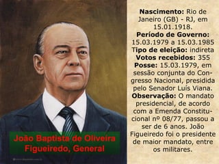 Nascimento: Rio de
Janeiro (GB) - RJ, em
15.01.1918.
Período de Governo:
15.03.1979 a 15.03.1985
Tipo de eleição: indireta
Votos recebidos: 355
Posse: 15.03.1979, em
sessão conjunta do Con-
gresso Nacional, presidida
pelo Senador Luís Viana.
Observação: O mandato
presidencial, de acordo
com a Emenda Constitu-
cional nº 08/77, passou a
ser de 6 anos. João
Figueiredo foi o presidente
de maior mandato, entre
os militares.
João Baptista de Oliveira
Figueiredo, General
 