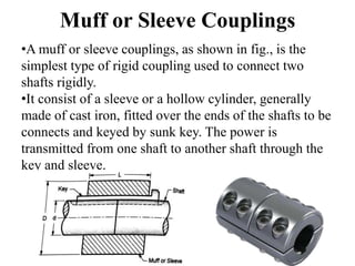 Muff or Sleeve Couplings
•A muff or sleeve couplings, as shown in fig., is the
simplest type of rigid coupling used to connect two
shafts rigidly.
•It consist of a sleeve or a hollow cylinder, generally
made of cast iron, fitted over the ends of the shafts to be
connects and keyed by sunk key. The power is
transmitted from one shaft to another shaft through the
key and sleeve.
 