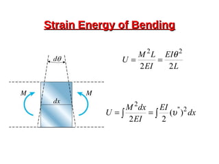 Strain Energy of BendingStrain Energy of Bending
L
EI
EI
LM
U
22
22
θ
==
∫∫ == dx
EI
EI
dxM
U 2''
2
)(
22
υ
 