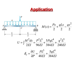 ApplicationApplication
222
)(
2
qxqLxPx
xM −+=
EI
Lq
EI
PqL
EI
LP
EI
dxM
U
240384
5
962
524322
++== ∫
EI
qL
EI
PL
P
U
c
384
5
48
43
+=
∂
∂
=δ
 