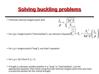 Solving buckling problemsSolving buckling problems
• Find Euler-Johnson tangent point with
• For Le/ρ < tangent point (“intermediate”), use Johnson’s Equation:
• For Le/ρ > tangent point (“long”), use Euler’s equation:
• For Le/ρ < 10 (“short”), Scr = Sy
• If length is unknown, predict whether it is “long” or “intermediate”, use the
appropriate equation, then check using the Euler-Johnson tangent point once you have
a numerical solution for the critical strength
2
2






=
ρ
π
e
cr
L
E
S
y
e
S
EL 2
2π
ρ
=
2
2
2
4 





−=
ρπ
ey
ycr
L
E
S
SS
 