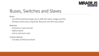 Buses, Switches and Slaves
Buses
◦ Use off-the-shelf technology such as AHB, AXI, Switch, bridges and PCIe
◦ Develop custom buses using Script, Resources and other basic blocks
Memory
◦ Stochastic or cycle-accurate
◦ Address-based
◦ Link to multi-level cache
Custom devices
◦ Use delay and Resource blocks
 
