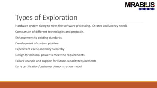 Types of Exploration
Hardware system sizing to meet the software processing, IO rates and latency needs
Comparison of different technologies and protocols
Enhancement to existing standards
Development of custom pipeline
Experiment cache-memory hierarchy
Design for minimal power to meet the requirements
Failure analysis and support for future capacity requirements
Early certification/customer demonstration model
 