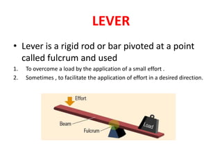 LEVER
Lever is a rigid rod or bar pivoted at a point
called fulcrum and used
1. To overcome a load by the application of a small effort .
2. Sometimes , to facilitate the application of effort in a desired direction.
