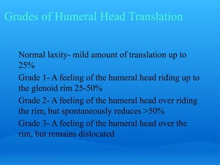 Grades of Humeral Head Translation


  Normal laxity- mild amount of translation up to
  25%
  Grade 1- A feeling of the humeral head riding up to
  the glenoid rim 25-50%
  Grade 2- A feeling of the humeral head over riding
  the rim, but spontaneously reduces >50%
  Grade 3- A feeling of the humeral head over the
  rim, but remains dislocated
 