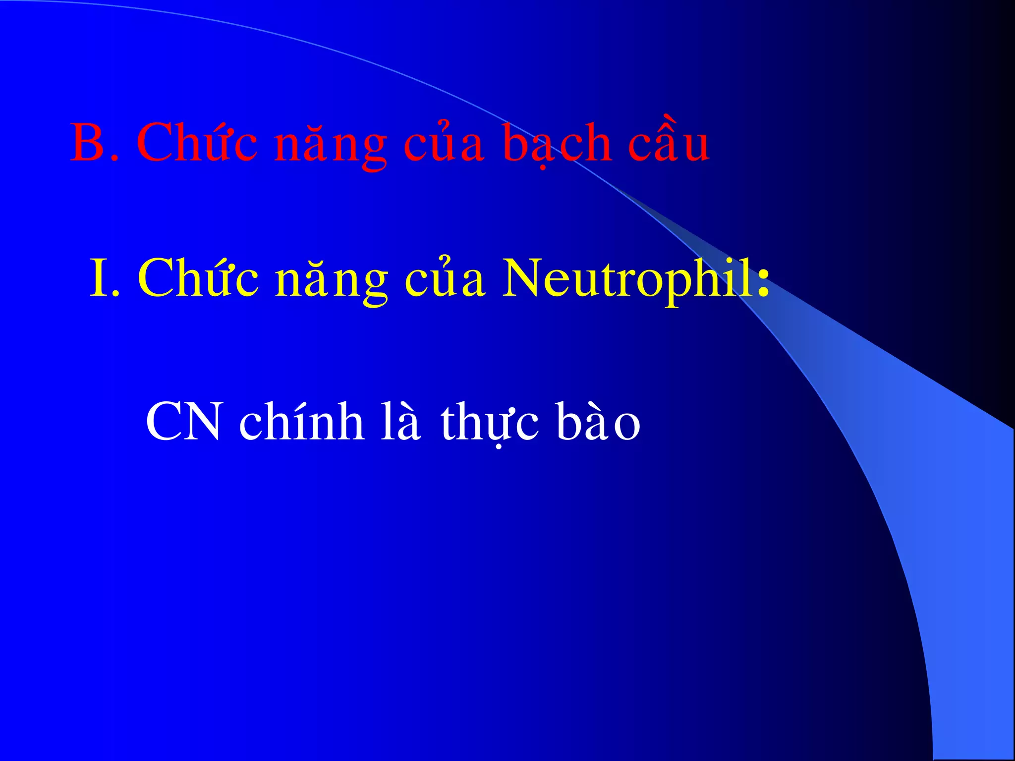B. Chöùc naêng cuûa baïch caàu
I. Chöùc naêng cuûa Neutrophil:
CN chính laø thöïc baøo
 