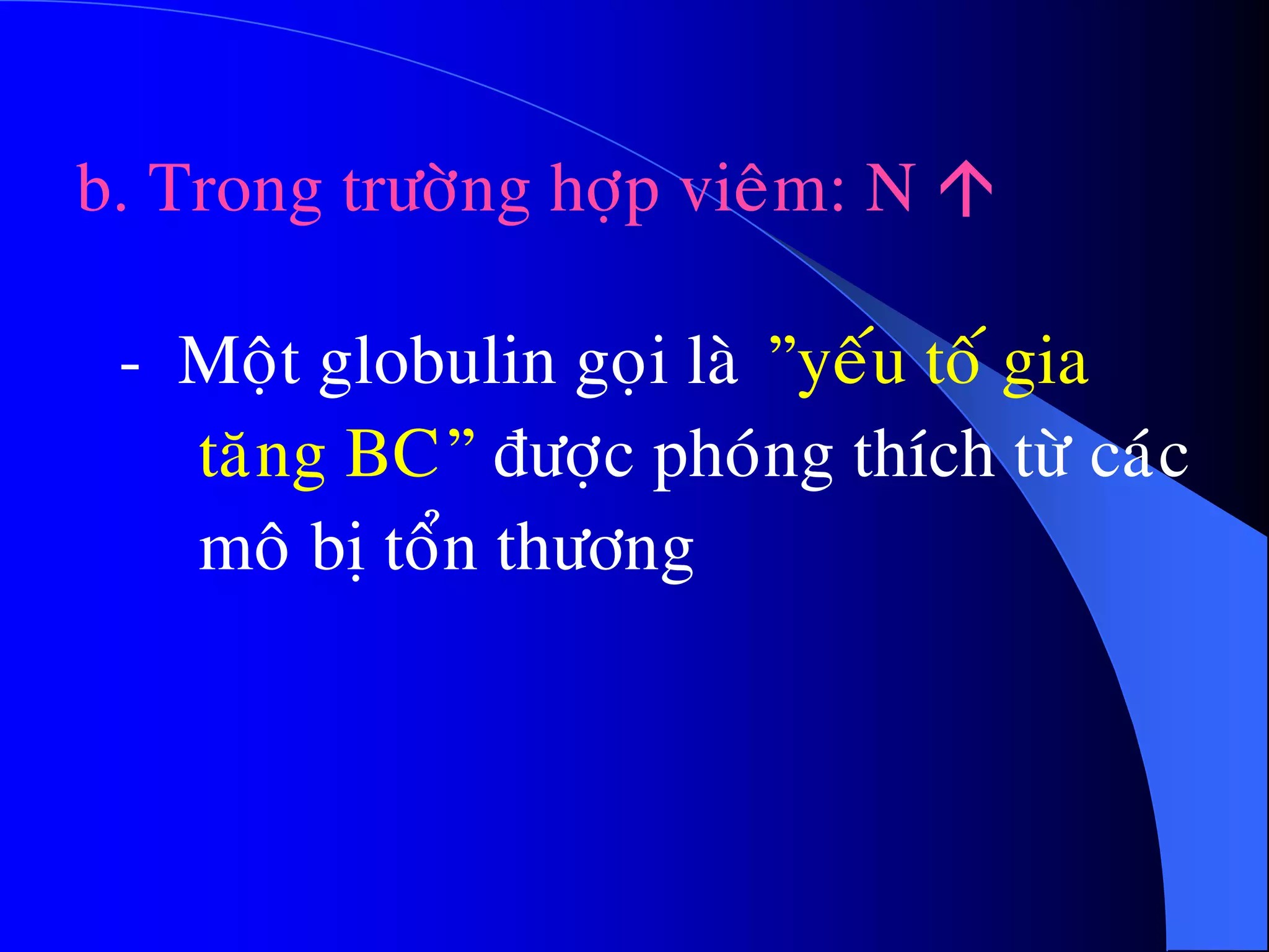 b. Trong tröôøng hôïp vieâm: N 
- Moät globulin goïi laø ”yeáu toá gia
taêng BC” ñöôïc phoùng thích töø caùc
moâ bò toån thöông
 