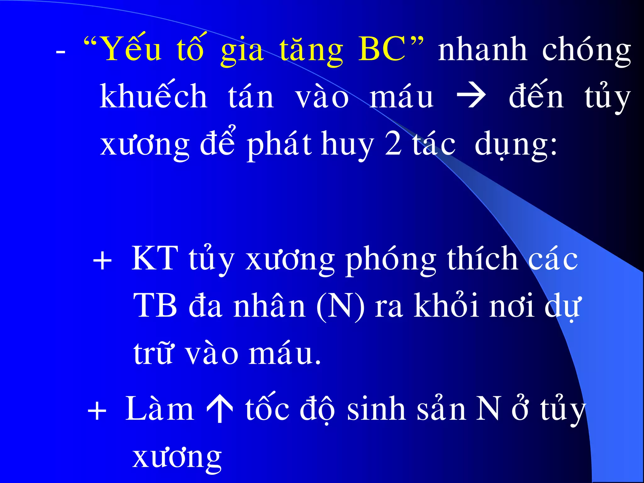 - “Yeáu toá gia taêng BC” nhanh choùng
khueách taùn vaøo maùu  ñeán tuûy
xöông ñeå phaùt huy 2 taùc duïng:
+ KT tuûy xöông phoùng thích caùc
TB ña nhaân (N) ra khoûi nôi döï
tröõ vaøo maùu.
+ Laøm  toác ñoä sinh saûn N ôû tuûy
xöông
 