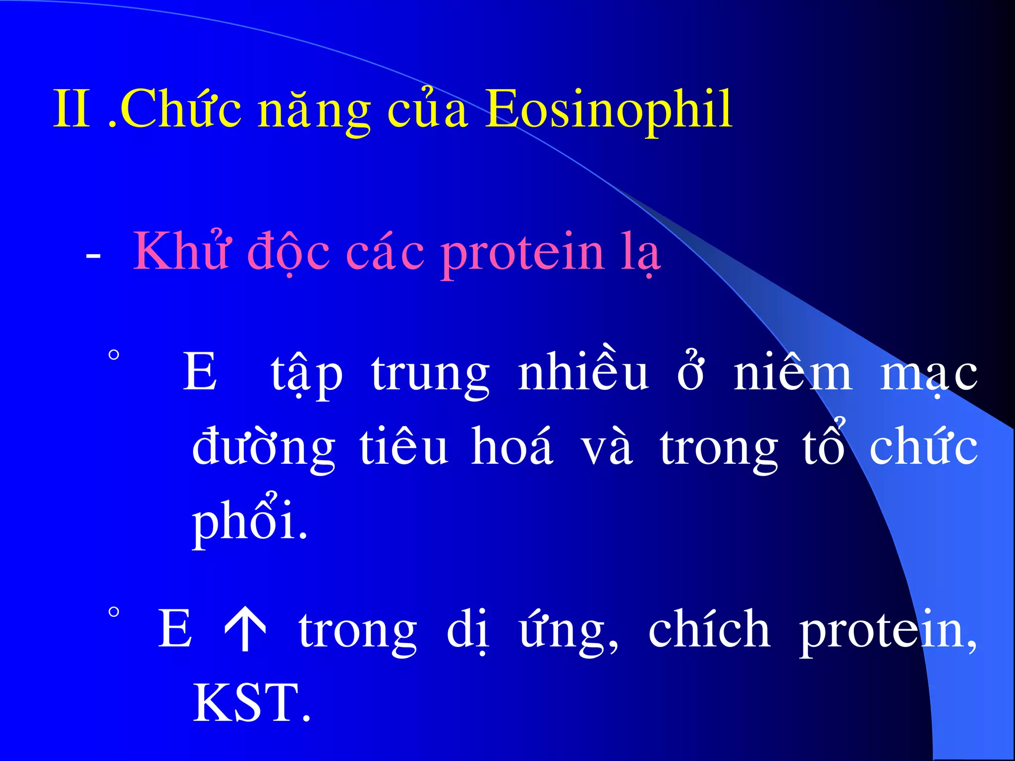 II .Chöùc naêng cuûa Eosinophil
· E taäp trung nhieàu ôû nieâm maïc
ñöôøng tieâu hoaù vaø trong toå chöùc
phoåi.
· E  trong dò öùng, chích protein,
KST.
- Khöû ñoäc caùc protein laï
 