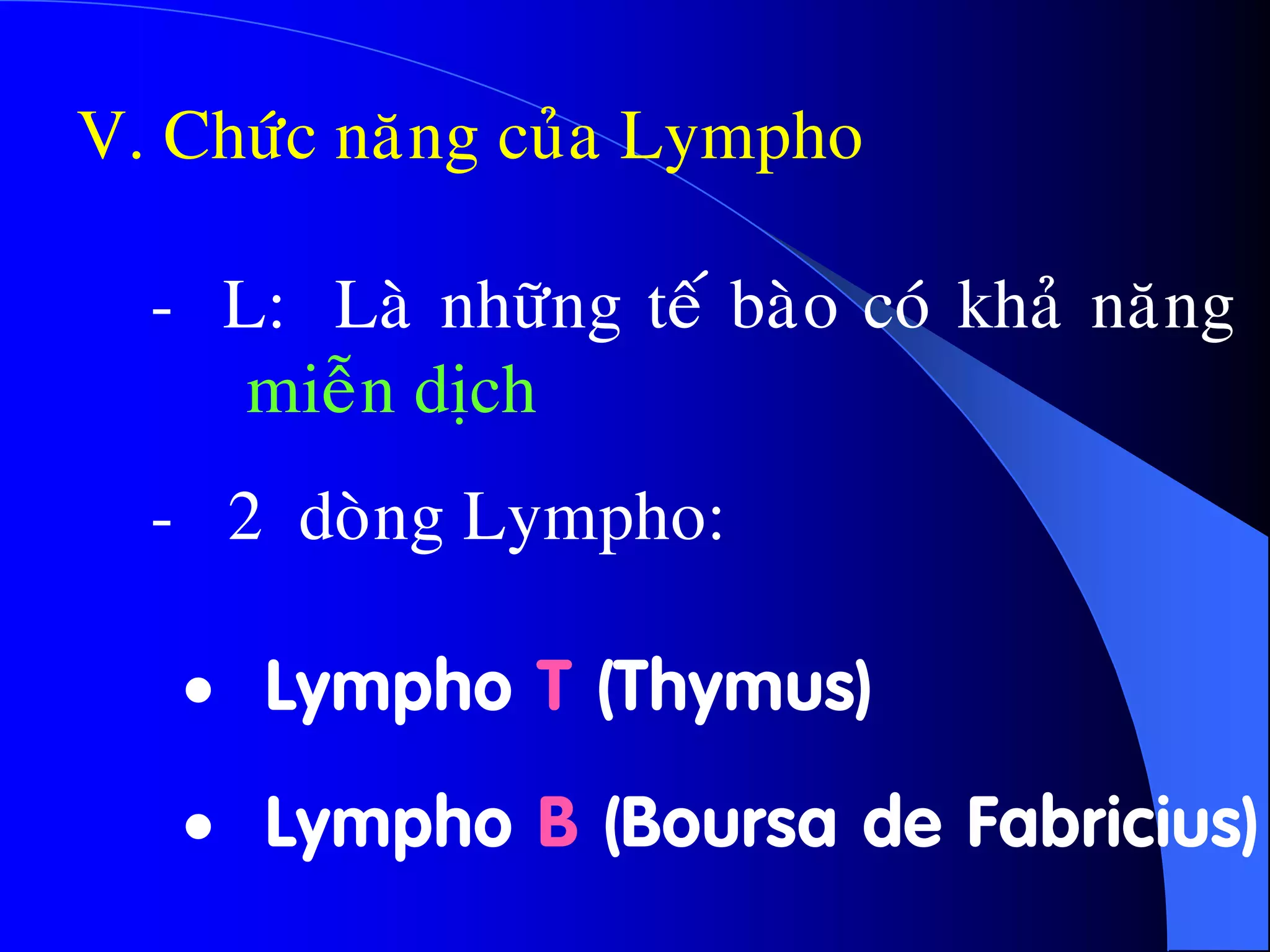 V. Chöùc naêng cuûa Lympho
- L: Laø nhöõng teá baøo coù khaû naêng
mieãn dòch
- 2 doøng Lympho:
 Lympho T (Thymus)
 Lympho B (Boursa de Fabricius)
 