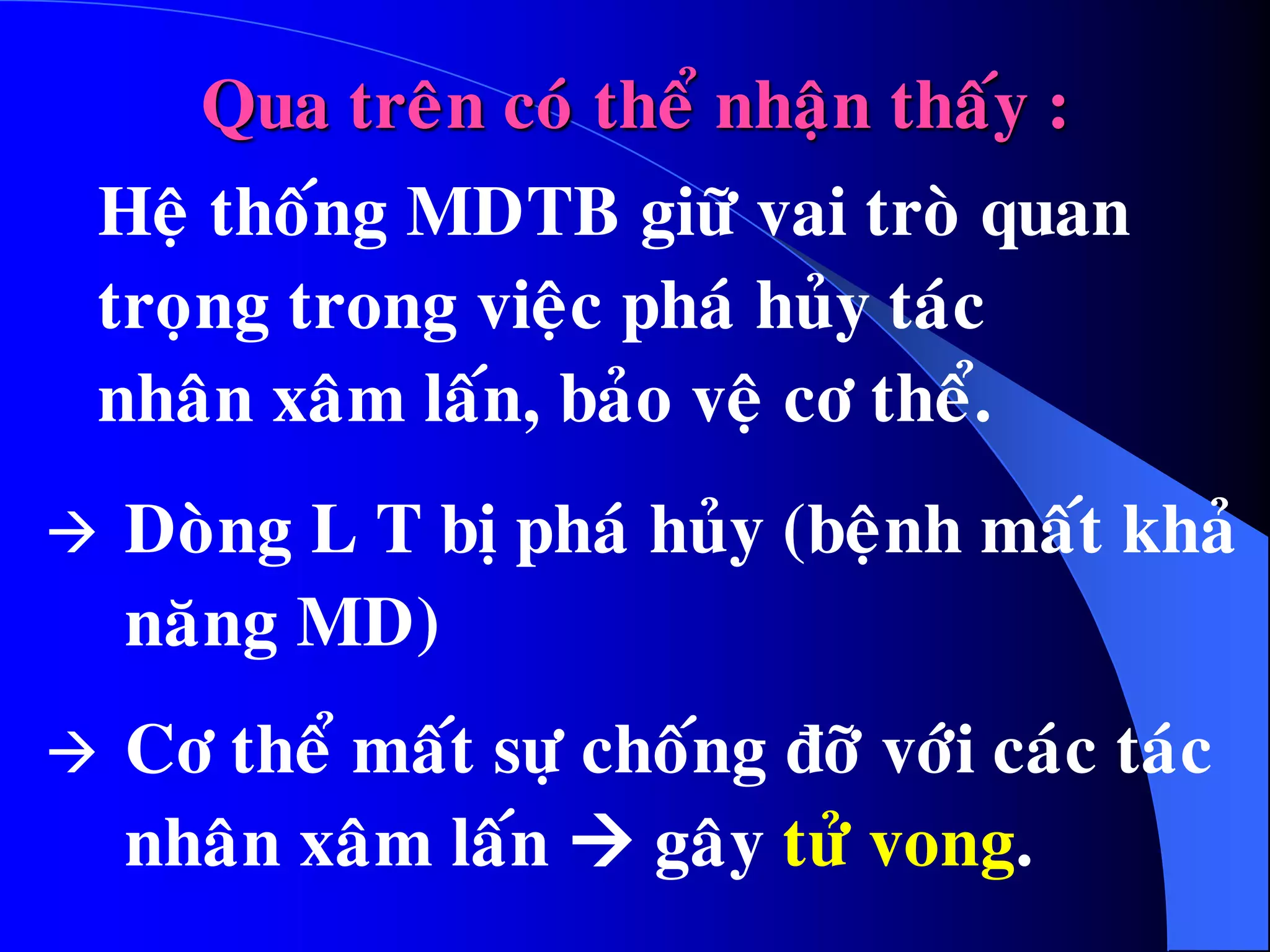 Qua treân coù theå nhaän thaáy :
 Doøng L T bò phaù huûy (beänh maát khaû
naêng MD)
 Cô theå maát söï choáng ñôõ vôùi caùc taùc
nhaân xaâm laán  gaây töû vong.
Heä thoáng MDTB giöõ vai troø quan
troïng trong vieäc phaù huûy taùc
nhaân xaâm laán, baûo veä cô theå.
 