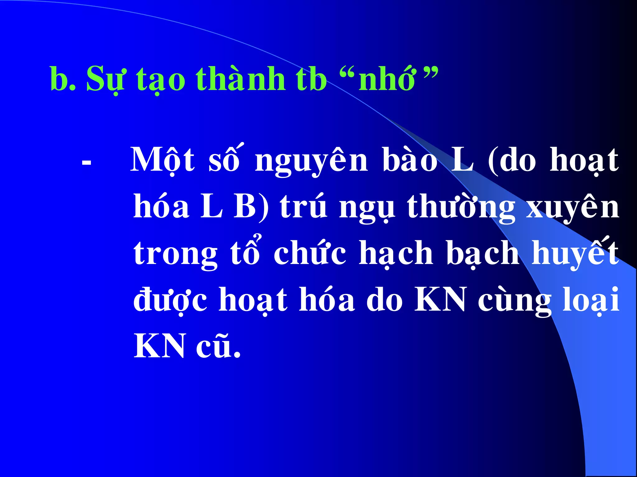b. Söï taïo thaønh tb “nhôù”
- Moät soá nguyeân baøo L (do hoaït
hoùa L B) truù nguï thöôøng xuyeân
trong toå chöùc haïch baïch huyeát
ñöôïc hoaït hoùa do KN cuøng loaïi
KN cuõ.
 