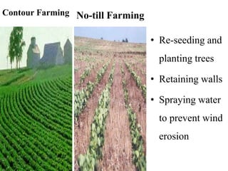 Contour Farming No-till Farming
• Re-seeding and
planting trees
• Retaining walls
• Spraying water
to prevent wind
erosion
 