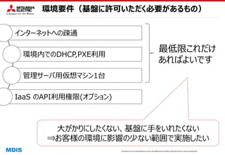COPYRIGHT © 2016 MITSUBISHI ELECTRIC INFORMATION SYSTEMS CORPORATION ALL RIGHTS RESERVED
環境要件（基盤に許可いただく必要があるもの）
インターネットへの疎通
環境内でのDHCP,PXE利用
管理サーバ用仮想マシン1台
IaaS のAPI利用権限(オプション)
大がかりにしたくない、基盤に手をいれたくない
⇒お客様の環境に影響の少ない範囲で実施したい
最低限これだけ
あればよいです
 