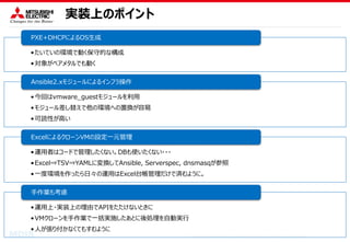 COPYRIGHT © 2016 MITSUBISHI ELECTRIC INFORMATION SYSTEMS CORPORATION ALL RIGHTS RESERVED
実装上のポイント
•たいていの環境で動く保守的な構成
•対象がベアメタルでも動く
PXE+DHCPによるOS生成
•今回はvmware_guestモジュールを利用
•モジュール差し替えで他の環境への置換が容易
•可読性が高い
Ansible2.xモジュールによるインフラ操作
•運用者はコードで管理したくない。DBも使いたくない・・・
•Excel⇒TSV⇒YAMLに変換してAnsible, Serverspec, dnsmasqが参照
•一度環境を作ったら日々の運用はExcel台帳管理だけで済むように。
ExcelによるクローンVMの設定一元管理
•運用上・実装上の理由でAPIをたたけないときに
•VMクローンを手作業で一括実施したあとに後処理を自動実行
•人が張り付かなくてもすむように
手作業も考慮
 